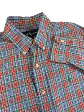 Ralph Lauren Mens M Multicolor Plaid Button Down long sleeve Green Pony Logo